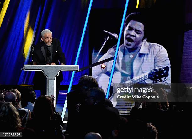 Inductee Bill Withers speaks onstage during the 30th Annual Rock And Roll Hall Of Fame Induction Ceremony at Public Hall on April 18, 2015 in...