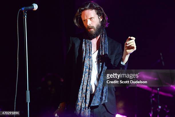 Singer J. Tillman of Father John Misty performs onstage during day 2 of the Coachella Music Festival at The Empire Polo Club on April 18, 2015 in...