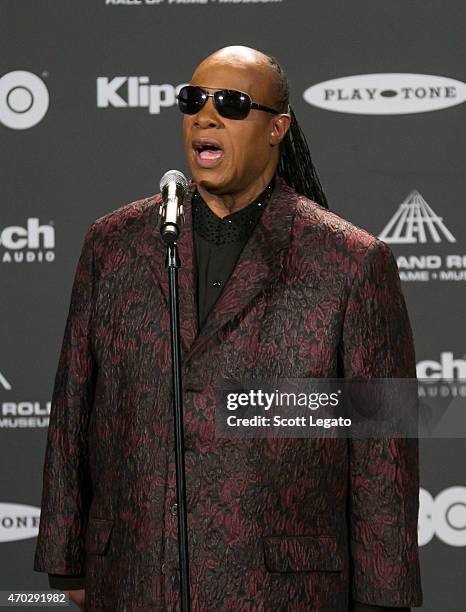 Stevie Wonder speaks during the 30th Annual Rock And Roll Hall Of Fame Induction Ceremony at Public Hall on April 18, 2015 in Cleveland, Ohio.