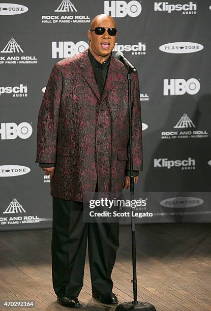 Stevie Wonder speaks during the 30th Annual Rock And Roll Hall Of Fame Induction Ceremony at Public Hall on April 18, 2015 in Cleveland, Ohio.