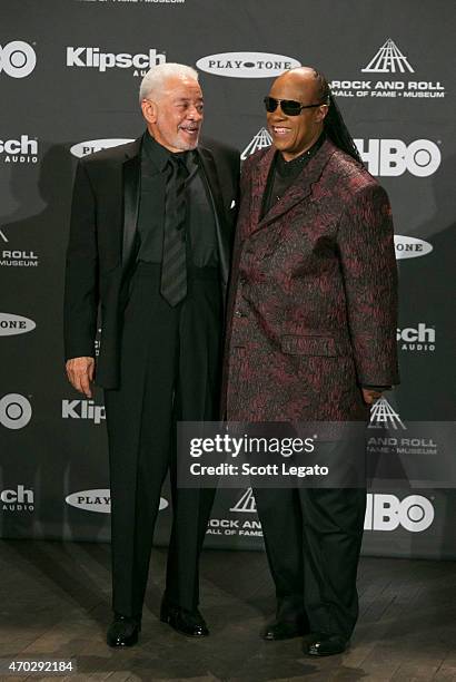 Bill Withers and Stevie Wonder pose during the 30th Annual Rock And Roll Hall Of Fame Induction Ceremony at Public Hall on April 18, 2015 in...