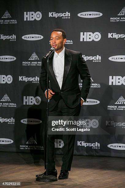 Singer John Legend speaks during the 30th Annual Rock And Roll Hall Of Fame Induction Ceremony at Public Hall on April 18, 2015 in Cleveland, Ohio.