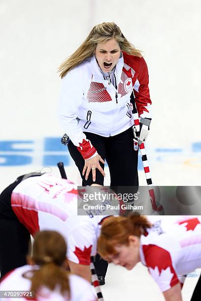 Jennifer Jones of Canada celebrates winning the women's semifinal match between Great Britain and Canada at Ice Cube Curling Center on February 19,...