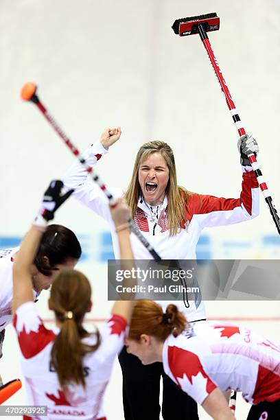 Jennifer Jones of Canada celebrates winning the women's semifinal match between Great Britain and Canada at Ice Cube Curling Center on February 19,...