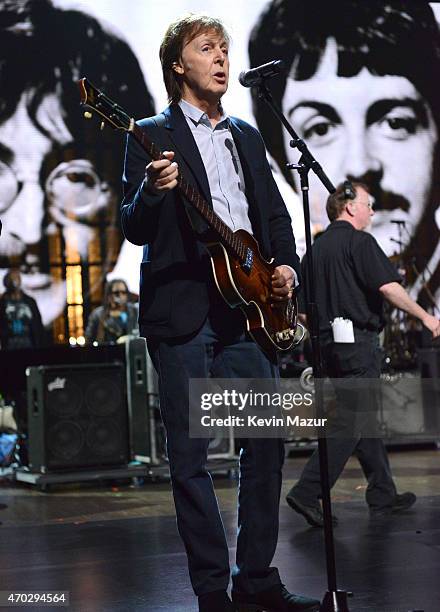 Paul McCartney during rehearsals for the 30th Annual Rock And Roll Hall Of Fame Induction Ceremony at Public Hall on April 18, 2015 in Cleveland,...