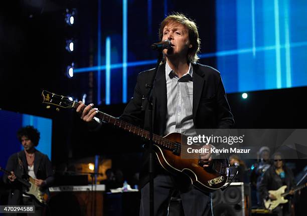 Paul McCartney during rehearsals for the 30th Annual Rock And Roll Hall Of Fame Induction Ceremony at Public Hall on April 18, 2015 in Cleveland,...