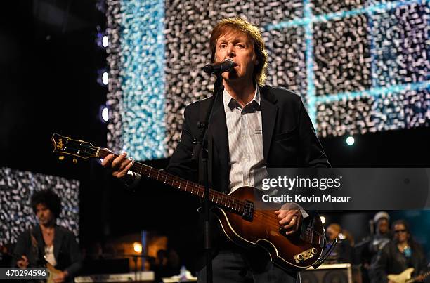 Paul McCartney during rehearsals for the 30th Annual Rock And Roll Hall Of Fame Induction Ceremony at Public Hall on April 18, 2015 in Cleveland,...