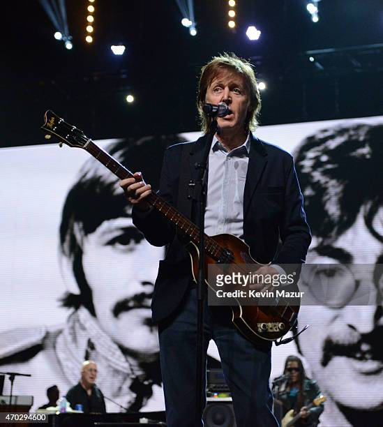 Paul McCartney during rehearsals for the 30th Annual Rock And Roll Hall Of Fame Induction Ceremony at Public Hall on April 18, 2015 in Cleveland,...