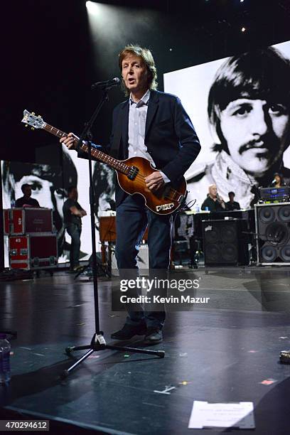 Paul McCartney during rehearsals for the 30th Annual Rock And Roll Hall Of Fame Induction Ceremony at Public Hall on April 18, 2015 in Cleveland,...