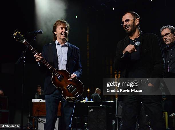 Paul McCartney and Ringo Starr during rehearsals for the 30th Annual Rock And Roll Hall Of Fame Induction Ceremony at Public Hall on April 18, 2015...