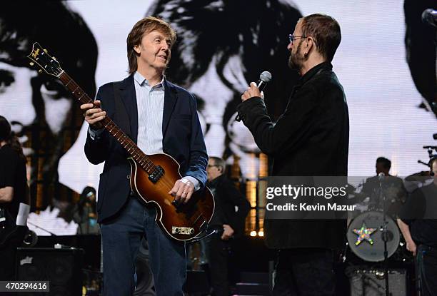 Paul McCartney and Ringo Starr during rehearsals for the 30th Annual Rock And Roll Hall Of Fame Induction Ceremony at Public Hall on April 18, 2015...