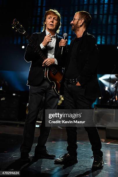 Paul McCartney and Ringo Starr during rehearsals for the 30th Annual Rock And Roll Hall Of Fame Induction Ceremony at Public Hall on April 18, 2015...