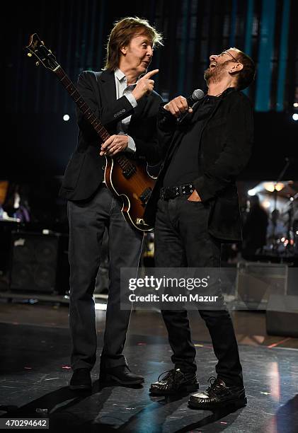 Paul McCartney and Ringo Starr during rehearsals for the 30th Annual Rock And Roll Hall Of Fame Induction Ceremony at Public Hall on April 18, 2015...