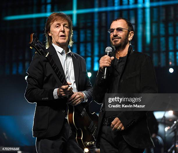 Paul McCartney and Ringo Starr during rehearsals for the 30th Annual Rock And Roll Hall Of Fame Induction Ceremony at Public Hall on April 18, 2015...