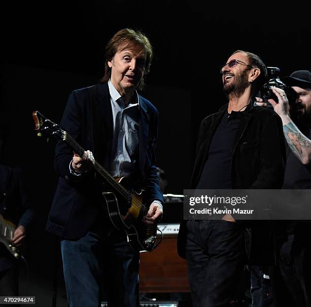 Paul McCartney and Ringo Starr during rehearsals for the 30th Annual Rock And Roll Hall Of Fame Induction Ceremony at Public Hall on April 18, 2015...