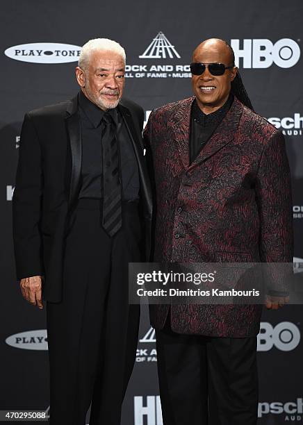 Inductee Bill Withers and Stevie Wonder attend the 30th Annual Rock And Roll Hall Of Fame Induction Ceremony at Public Hall on April 18, 2015 in...