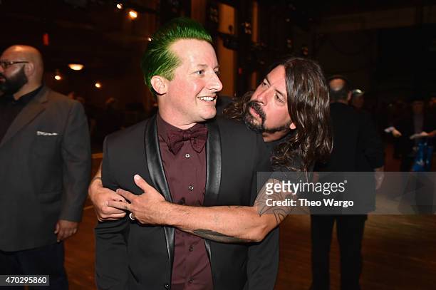 Tre Cool and Dave Grohl attend the 30th Annual Rock And Roll Hall Of Fame Induction Ceremony at Public Hall on April 18, 2015 in Cleveland, Ohio.
