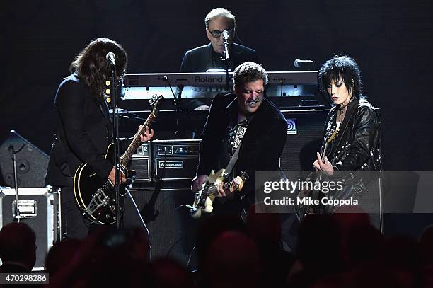 Inductees Joan Jett and the Blackhearts perform with Dave Grohl onstage during the 30th Annual Rock And Roll Hall Of Fame Induction Ceremony at...