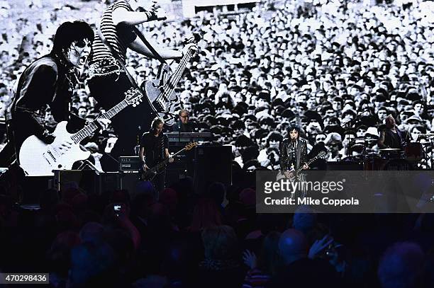 Inductees Joan Jett and the Blackhearts perform onstage during the 30th Annual Rock And Roll Hall Of Fame Induction Ceremony at Public Hall on April...