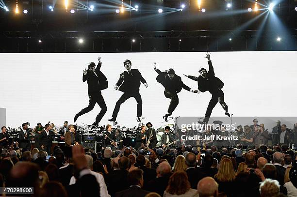 Musicians and inductees perform onstage with inductee Ringo Starr during the 30th Annual Rock And Roll Hall Of Fame Induction Ceremony at Public Hall...