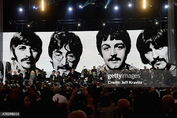 Musicians and inductees perform onstage with inductee Ringo Starr during the 30th Annual Rock And Roll Hall Of Fame Induction Ceremony at Public Hall...