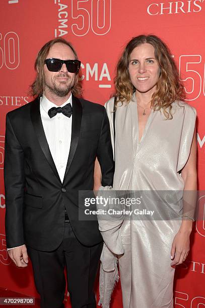 Artists Sterling Ruby and Melanie Schiff attend the LACMA 50th Anniversary Gala sponsored by Christie's at LACMA on April 18, 2015 in Los Angeles,...