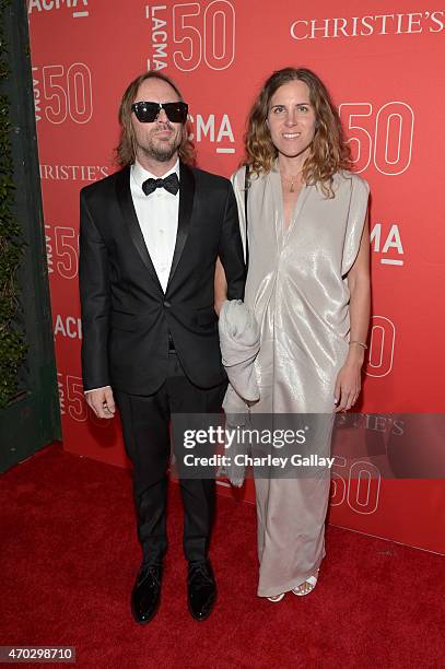 Artists Sterling Ruby and Melanie Schiff attend the LACMA 50th Anniversary Gala sponsored by Christie's at LACMA on April 18, 2015 in Los Angeles,...
