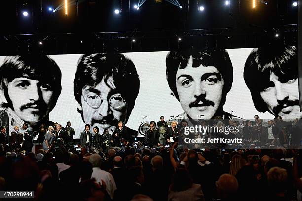 Musicians and inductees perform onstage with inductee Ringo Starr during the 30th Annual Rock And Roll Hall Of Fame Induction Ceremony at Public Hall...