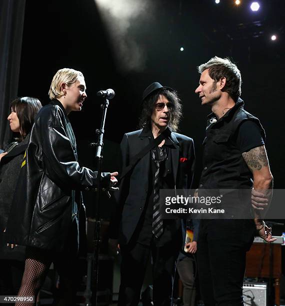Artists Miley Cyrus, Peter Wolf, and Mike Dirnt attend the 30th Annual Rock And Roll Hall Of Fame Induction Ceremony at Public Hall on April 18, 2015...
