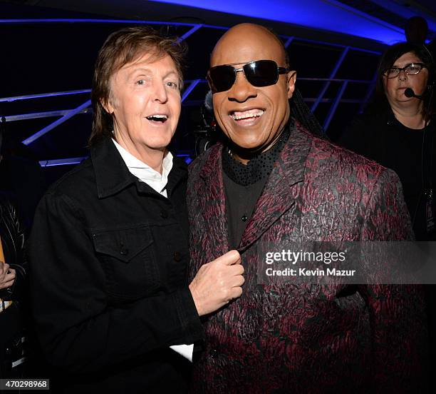 Paul McCartney and Stevie Wonder attend the 30th Annual Rock And Roll Hall Of Fame Induction Ceremony at Public Hall on April 18, 2015 in Cleveland,...