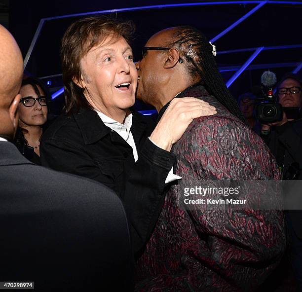 Paul McCartney and Stevie Wonder attend the 30th Annual Rock And Roll Hall Of Fame Induction Ceremony at Public Hall on April 18, 2015 in Cleveland,...