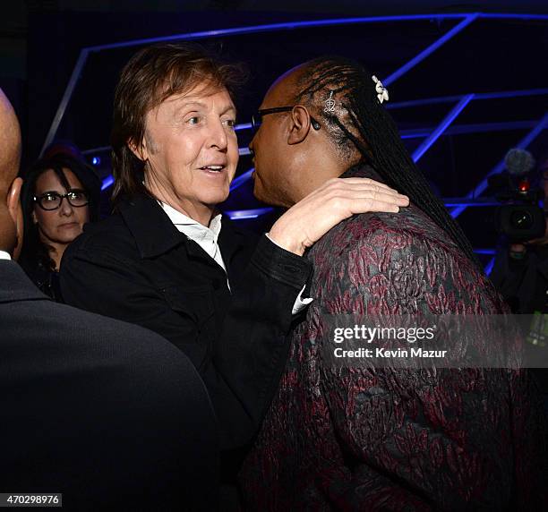 Paul McCartney and Stevie Wonder attend the 30th Annual Rock And Roll Hall Of Fame Induction Ceremony at Public Hall on April 18, 2015 in Cleveland,...