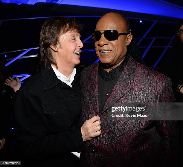 Paul McCartney and Stevie Wonder attend the 30th Annual Rock And Roll Hall Of Fame Induction Ceremony at Public Hall on April 18, 2015 in Cleveland,...