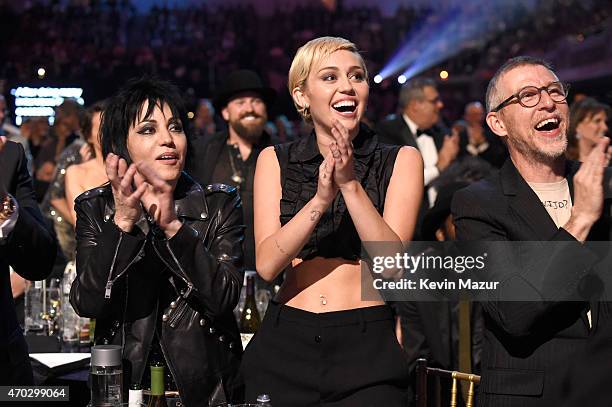 Joan Jett and Miley Cyrus attend the 30th Annual Rock And Roll Hall Of Fame Induction Ceremony at Public Hall on April 18, 2015 in Cleveland, Ohio.