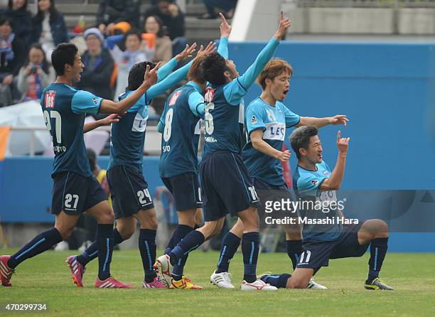 Kazuyoshi Miura of Yokohama FC celebrates scoring the first goal during the J.League second division match between Yokohama FC and V-Varen Nagasaki...
