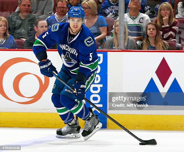 Luca Sbisa of the Vancouver Canucks skates up ice during Game Two of the Western Conference Quarterfinals against the Calgary Flames during the 2015...