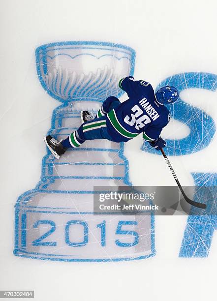 Jannik Hansen of the Vancouver Canucks skates up ice during Game Two of the Western Conference Quarterfinals against the Calgary Flames during the...