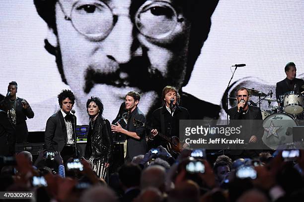 Inductees Billie Joe Armstrong of Green Day, Joan Jett and Ringo Starr perform with Nathan Reuss and Paul McCartney onstage during the 30th Annual...
