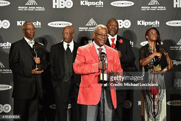 Family members of inductees the "5" Royales attend the 30th Annual Rock And Roll Hall Of Fame Induction Ceremony at Public Hall on April 18, 2015 in...