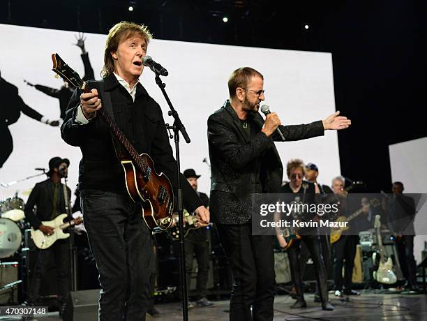 Paul McCartney and Ringo Starr perform onstage during the 30th Annual Rock And Roll Hall Of Fame Induction Ceremony at Public Hall on April 18, 2015...
