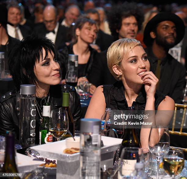 Joan Jett and Miley Cyrus attend the 30th Annual Rock And Roll Hall Of Fame Induction Ceremony at Public Hall on April 18, 2015 in Cleveland, Ohio.