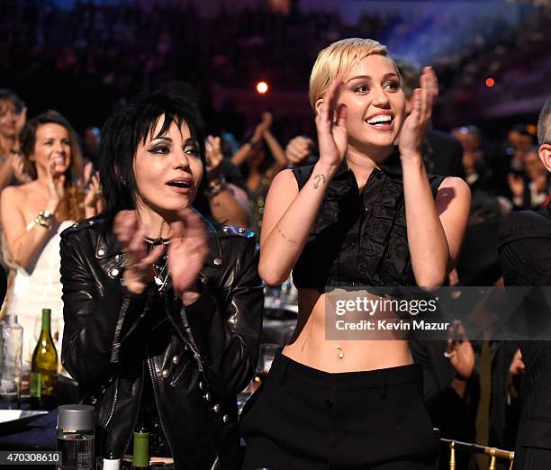 Joan Jett and Miley Cyrus attend the 30th Annual Rock And Roll Hall Of Fame Induction Ceremony at Public Hall on April 18, 2015 in Cleveland, Ohio.