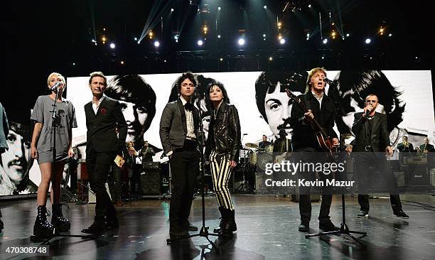 Miley Cyrus, Mike Dirnt, Billie Joe Armstrong, Joan Jett, Paul McCartney and Ringo Starr perform onstage during the 30th Annual Rock And Roll Hall Of...