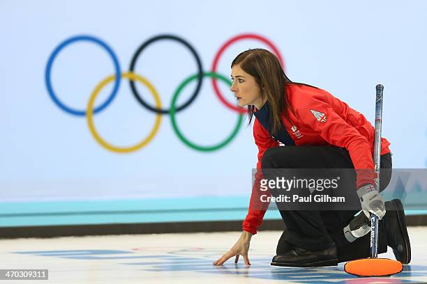 Eve Muirhead of Great Britain looks on during the women's semifinal match between Great Britain and Canada at Ice Cube Curling Center on February 19,...