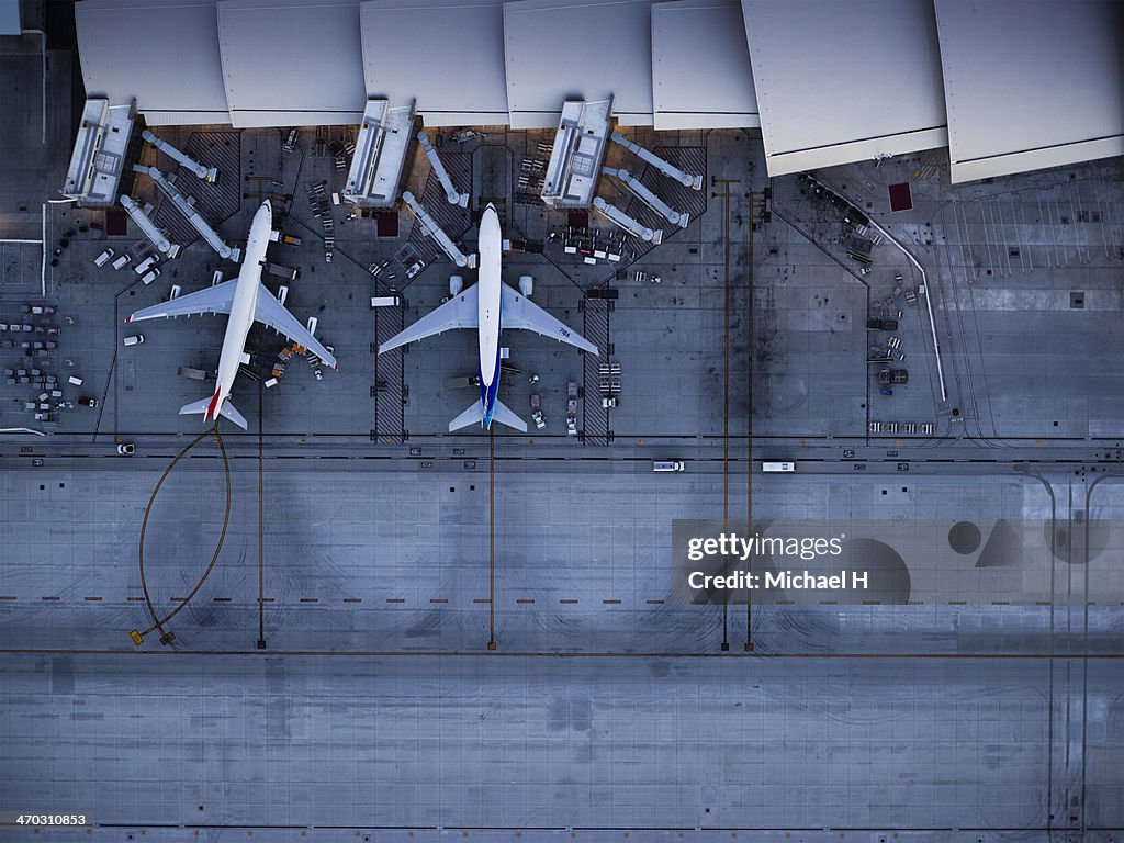 Airliners at  gates and Control Tower at LAX