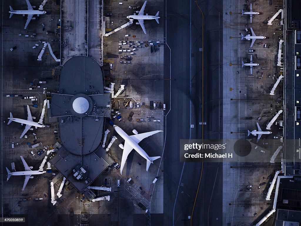 Airliners at  gates and Control Tower at LAX