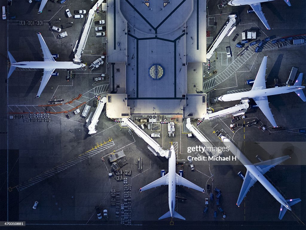 Airliners at  gates and Control Tower at LAX