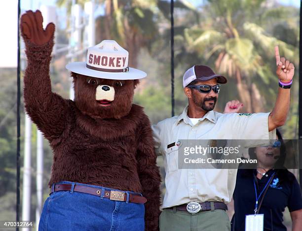 Smokey The Bear and Forest Ranger attend the 13th Annual Los Angeles Walk NOw for Autism Speaks at Rose Bowl on April 18, 2015 in Pasadena,...