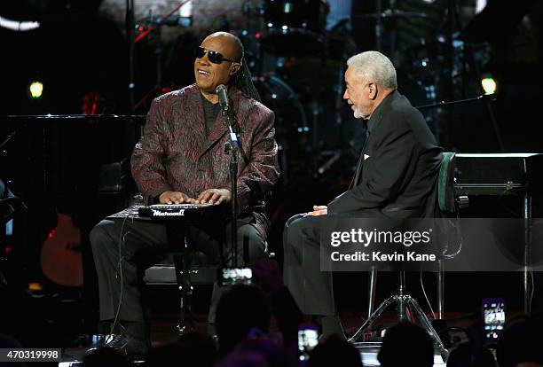 Stevie Wonder and Bill Withers perform onstage during the 30th Annual Rock And Roll Hall Of Fame Induction Ceremony at Public Hall on April 18, 2015...