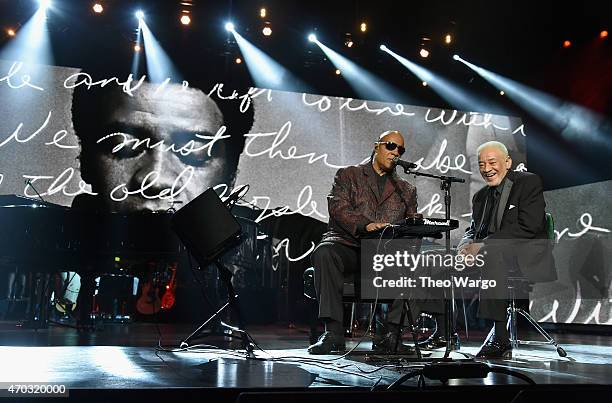 Stevie Wonder and Bill Withers perform onstage during the 30th Annual Rock And Roll Hall Of Fame Induction Ceremony at Public Hall on April 18, 2015...